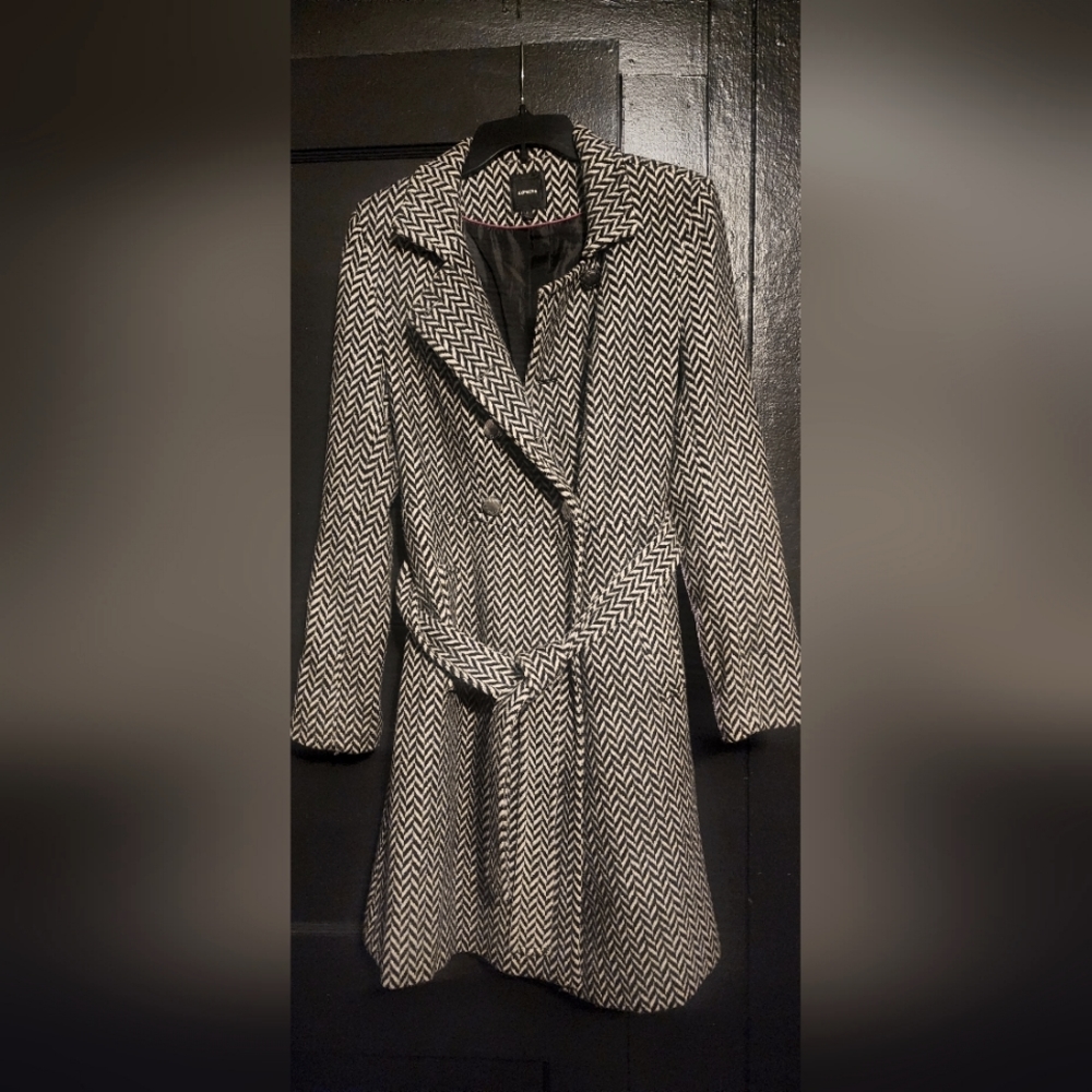 Black and White Trench Coat with Belted Waist